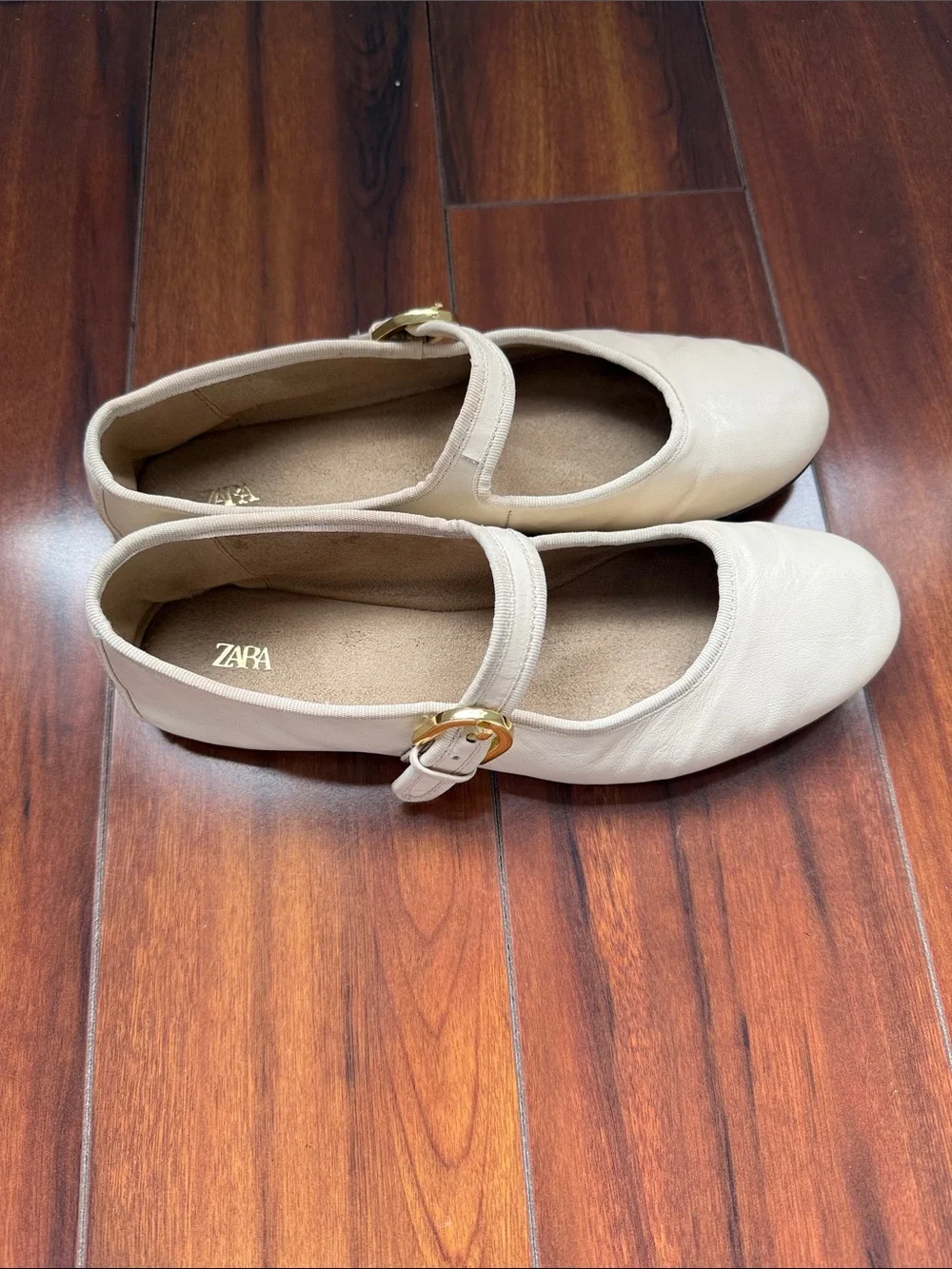 ZARA Cream Mary Jane Flats with Gold Buckle Detail leather